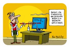 Un enseignant montrant des lettres sur un écran déclare "Parfois j'ai l'impression que ça rentre mieux à la baguette qu'à la souris".