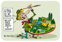 Un peintre portant une palette couverte d'un paysage rural : "La France est le pays aux 365 fromages. Mais elle compte bien plus de paysages."