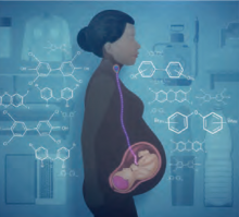 femme enceinte, dessin foetus relié à la gorge de la maman par un cordon rose