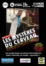 deux personnages, un avec une blouse blanche ressemble à un scientifique, l'autre porte un bonnet en poil sur la tête, il ressemble à un clown.