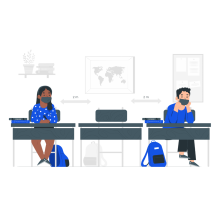 Ateliers des BU Deux étudiants masqués assis à deux mètres de distance.