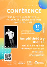 Affiche conférence Fils autiste, père artiste.. Ou comment l'humour peut faire bouger les lignes.