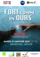 Rendez-vous le 31 janvier à 20h à ARToPIE à Meisenthal pour une projection-débat sur le film "fort comme un ours". La séance sera animée par un de ses réalisateur, Rémy Marrion, et un chercheur, Etienne Lefai du laboratoire INRAE de Clermont-Ferrand.