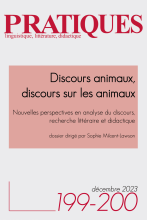 Couverture  Pratiques 199-200, « Discours animaux, discours sur les animaux »  Couverture grise avec les mentions du titre