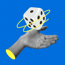 Une image pop d'une main lançant un dé sur fond bleu