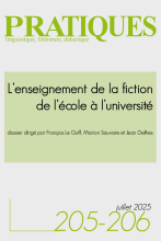 Couverture Pratiques 205-206 : « L’enseignement de la fiction de l’école à l’université » Couverture grise et verte avec les mentions du titre