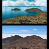 Comparaison des paysages de l'Altiplano au centre du Salar de Uyuni: Haut : le Lac Tauca et le volcan Tunupa englacé il y a 15 500 (vue  d'artiste, crédit : Edouard Mazaré). Bas: le paysage actuel du Salar de Uyuni (crédit : Pierre-Henri Blard).