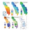 A) Cartes des précipitations actuellement observées sur l'Altiplano, B) Carte des  précipitations reconstruites à partir du modèle couplant bilan de masse des paléoglaciers et bilan hydrique du Lac Tauca, C) Carte des différences entre précipitations "Tauca" et actuelles, D) Carte des ratios de précipitations "Tauca"/actuelles, E) Incertitude relative sur les précipitations reconstruites, F) Localisation des sites paléoenglacés étudiés (Martin et al., Science Advances, 2018)